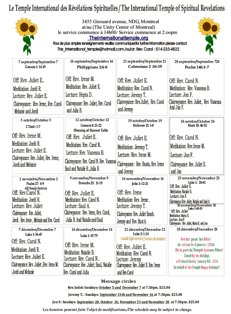 International Temple of Spiritual Revelations – Fall 2025 Schedule 