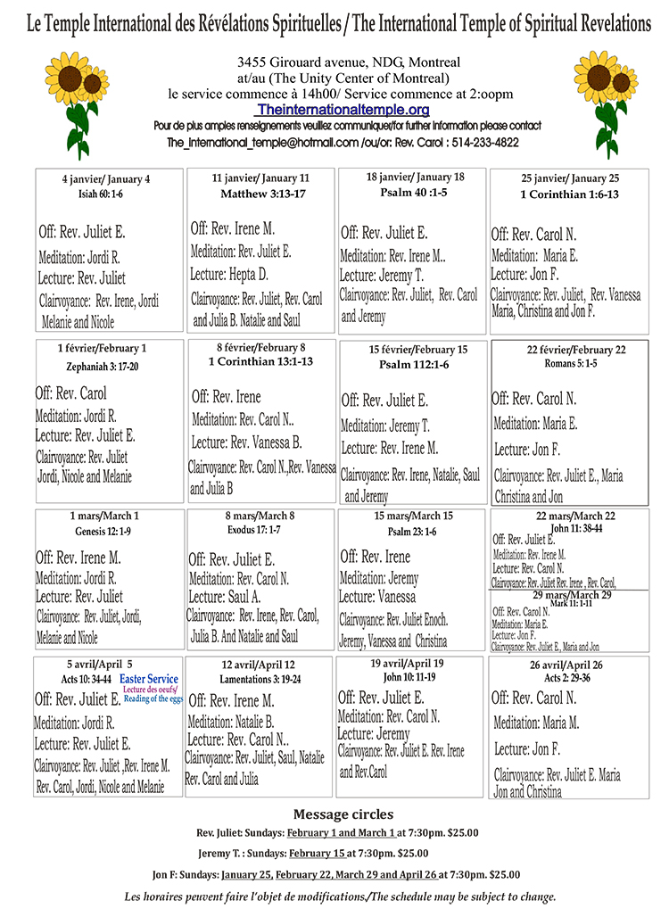 Temple International des Révélations Spirituelles - Programmation de l'hiver 2026